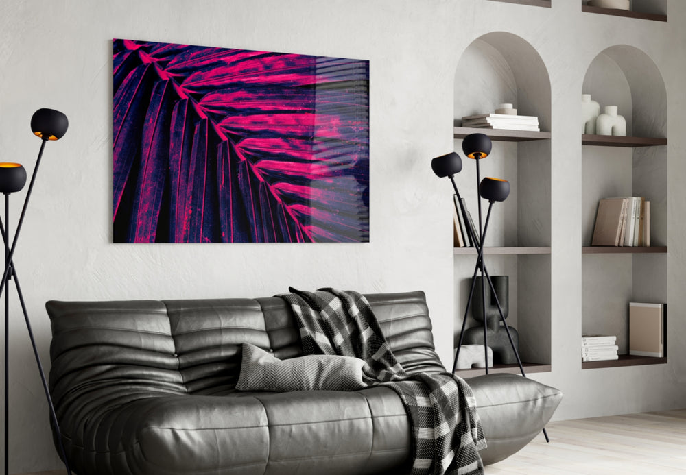 Magenta-rim leaf cinematic glass wall art over walnut bar cabinet