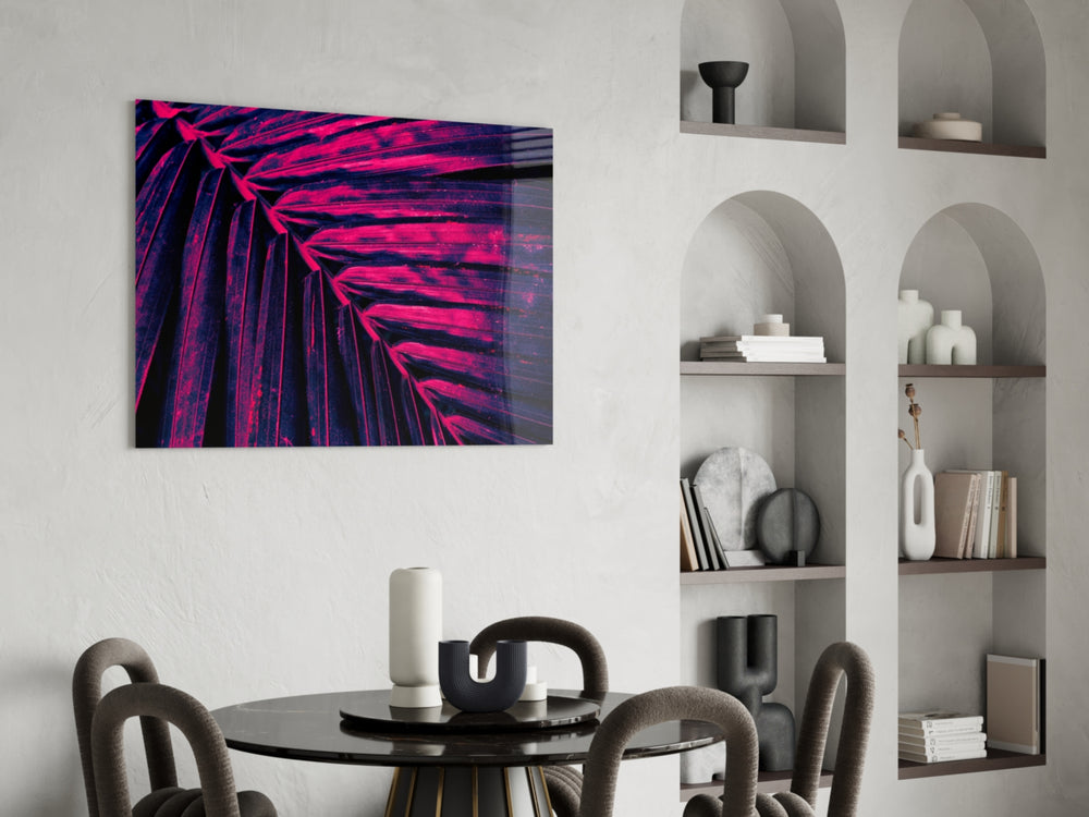 Tropical-modern neon foliage cinematic glass wall art in hospitality lounge entry