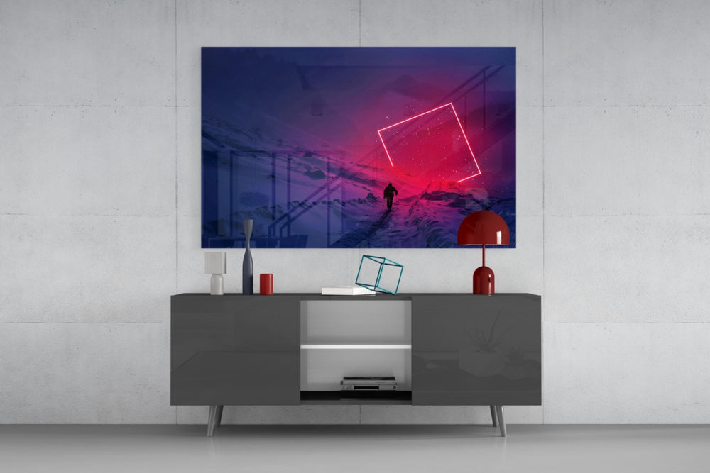 Lone-traveler cinematic glass wall art in modern home media room