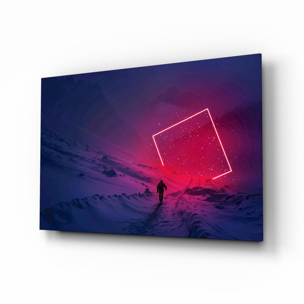 Lone hiker neon portal cinematic glass wall art above black media console