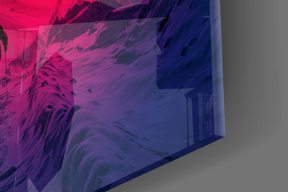 Magenta-portal alpine cinematic glass wall art beside modern bar console