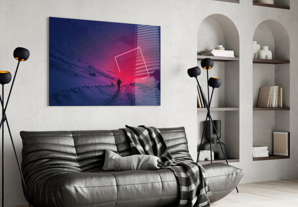 Solitary-hiker cinematic glass wall art in creative office reading nook