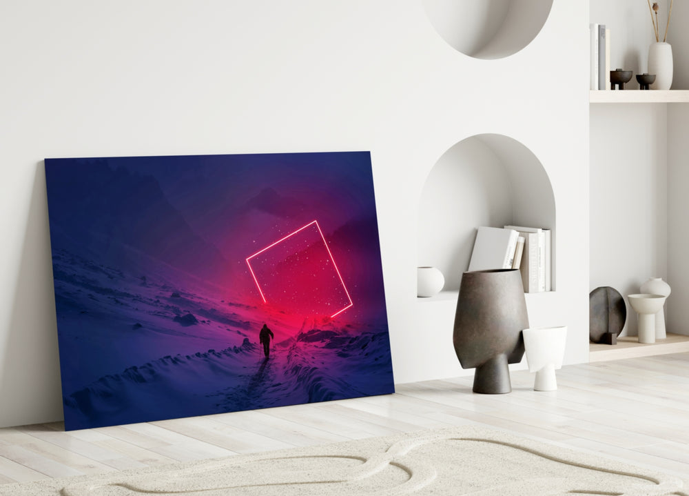 Magenta-portal valley cinematic glass wall art in tasteful boys' bedroom