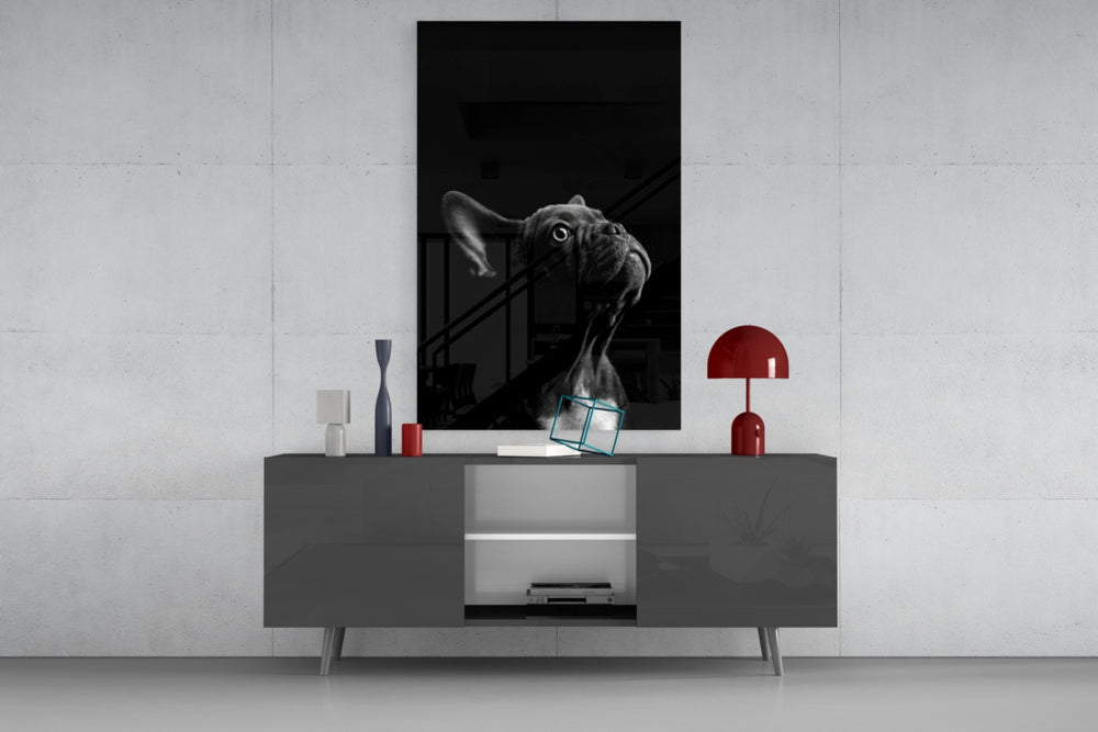 Pet-portrait cinematic glass wall art in gentleman's library