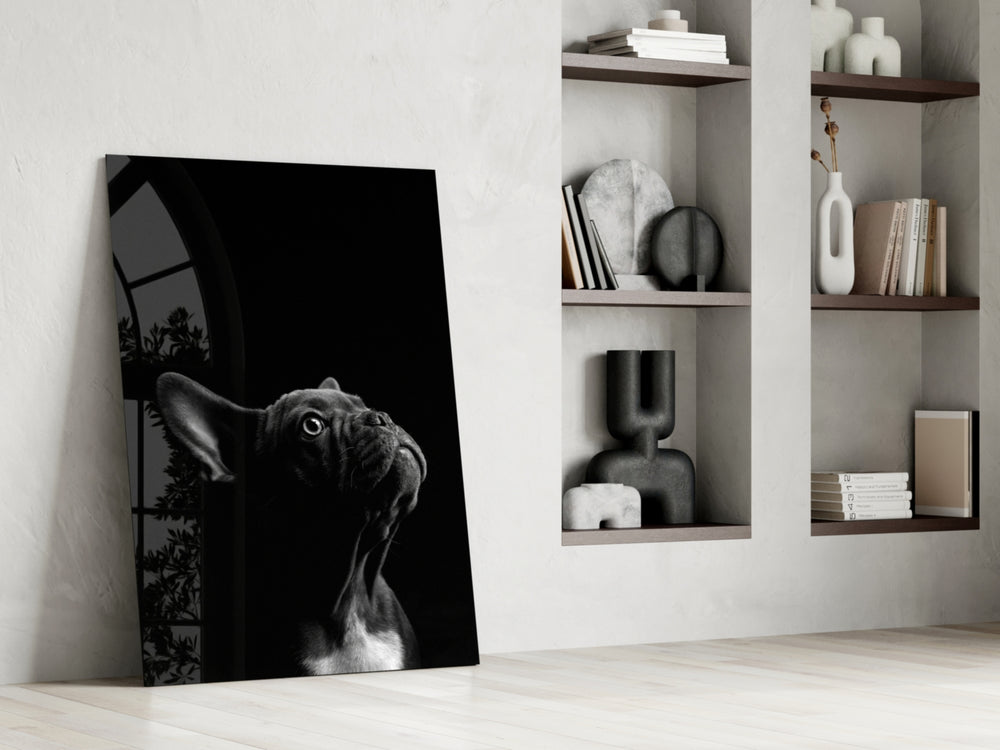 Fine-art canine cinematic glass wall art beside master-bedroom dressing table