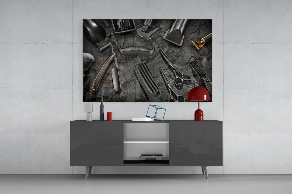 Vintage clipper-and-comb cinematic glass wall art in gentleman's library