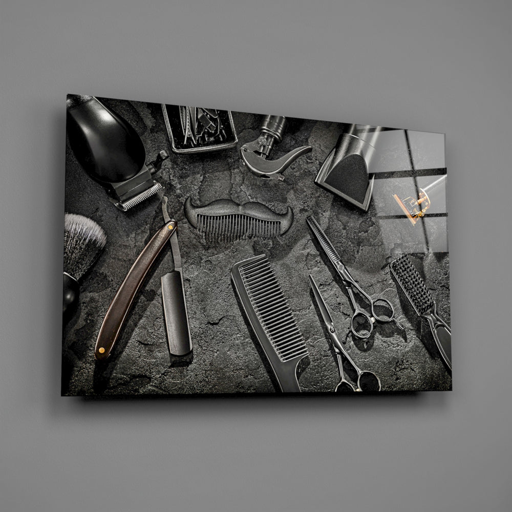 Straight razor and clipper glass wall art over walnut console in man-cave dressing room