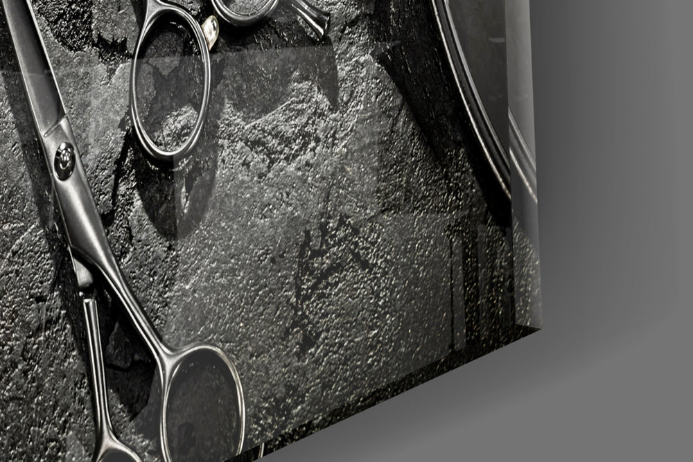 Polished-steel grooming cinematic glass wall art in master-bathroom