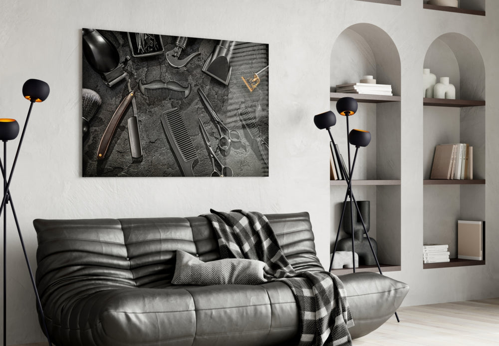 Heritage barber-tools glass wall art in vintage-themed hallway