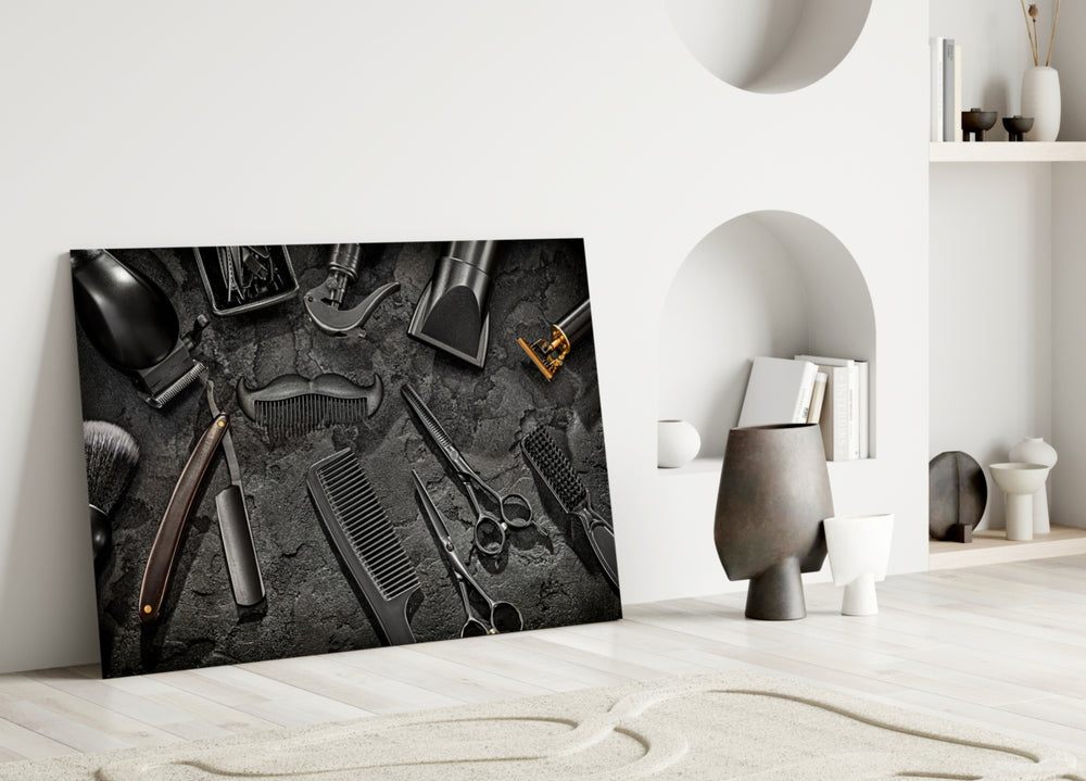 Classic grooming flat-lay cinematic glass wall art in designer powder-room