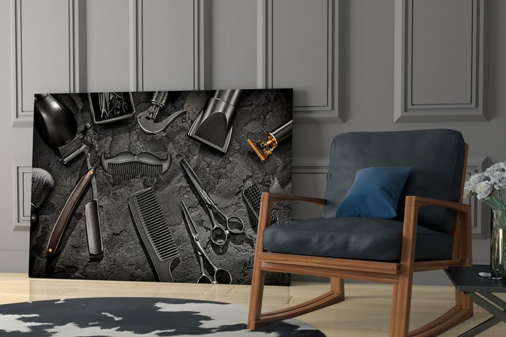 Editorial-photo barber-bench glass wall art in study reading nook