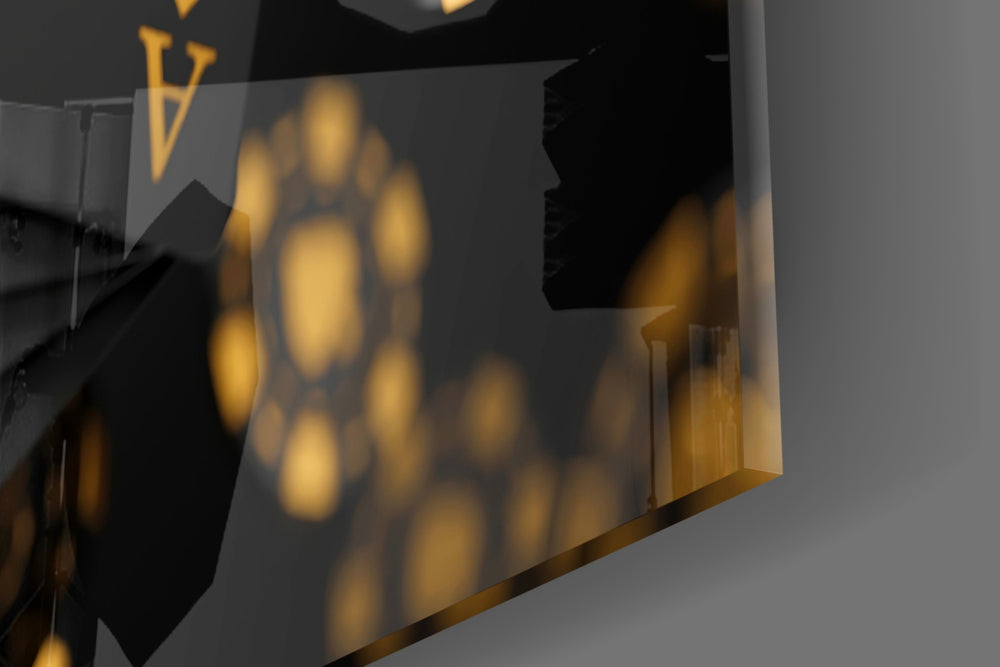 Black-and-gold poker cinematic glass wall art over modern bar cabinet