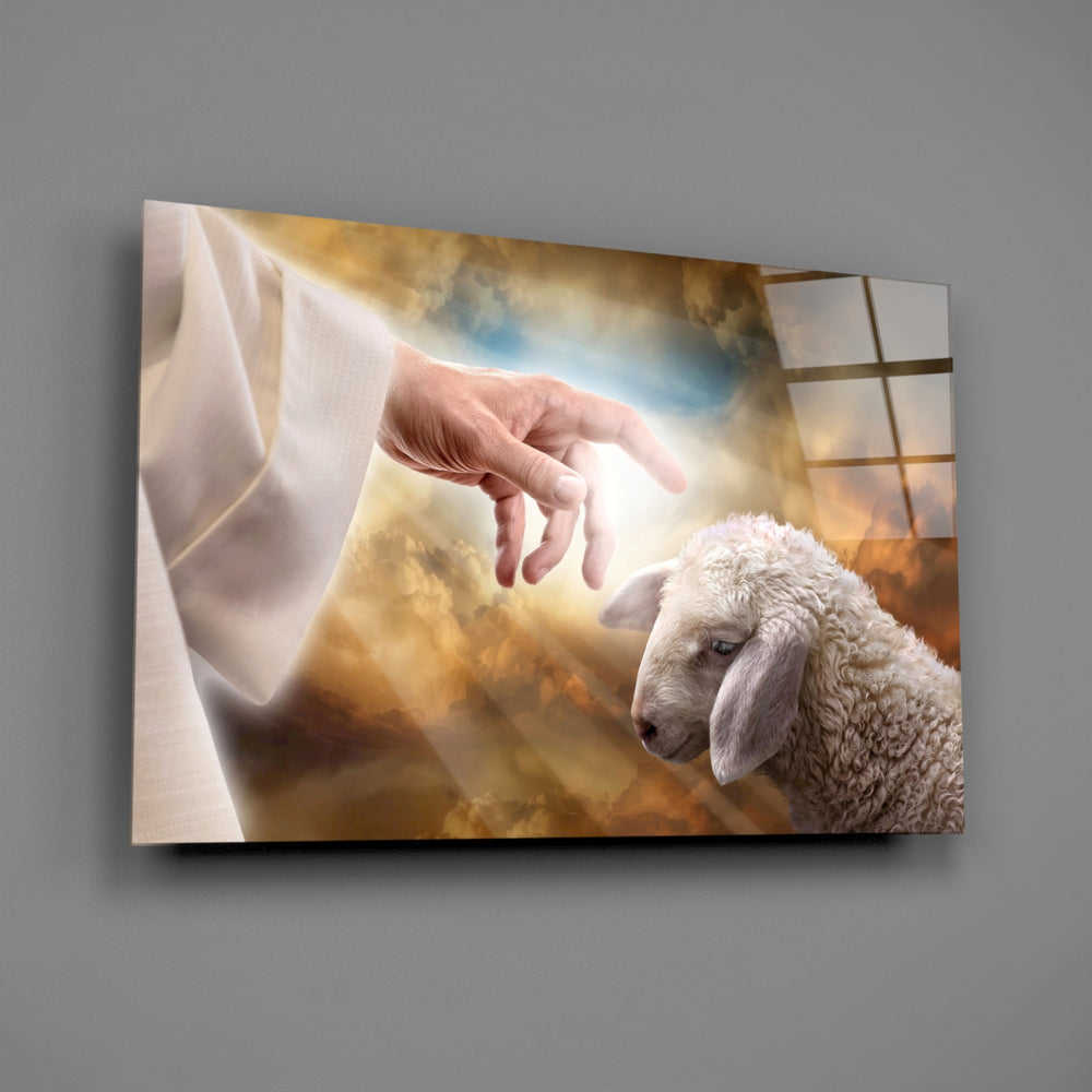 Devotional hand-and-lamb glass wall art in chapel corner