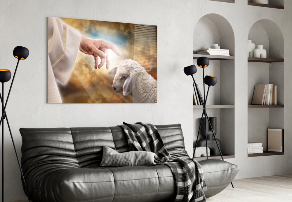 Glory-light shepherd cinematic glass wall art over linen sofa in serene living room
