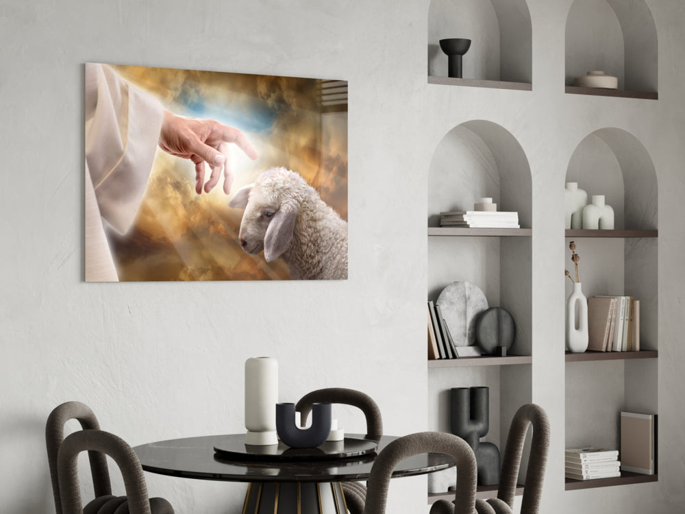 Gold-cloud devotional cinematic glass wall art over master-bedroom headboard
