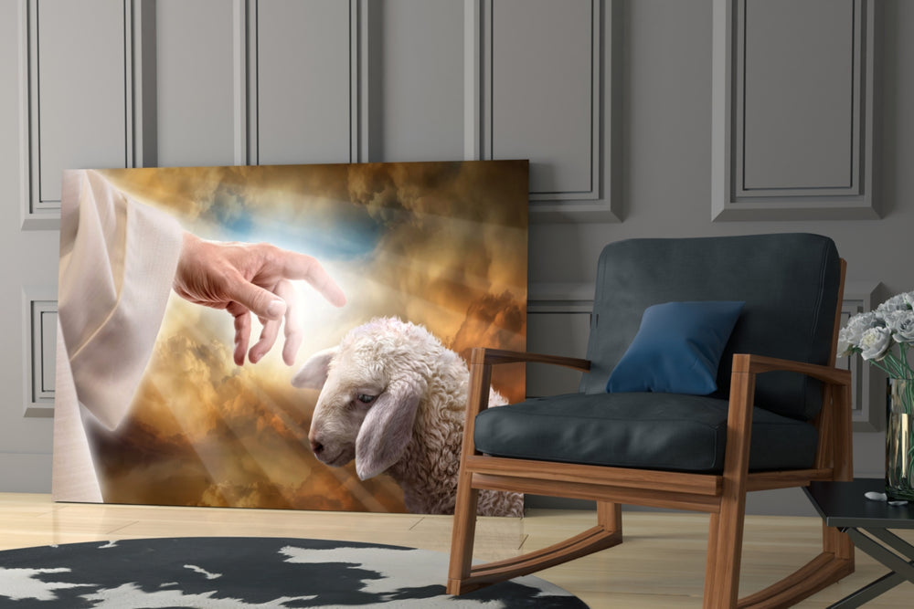 Lamb-and-hand sacred cinematic glass wall art in family parlor