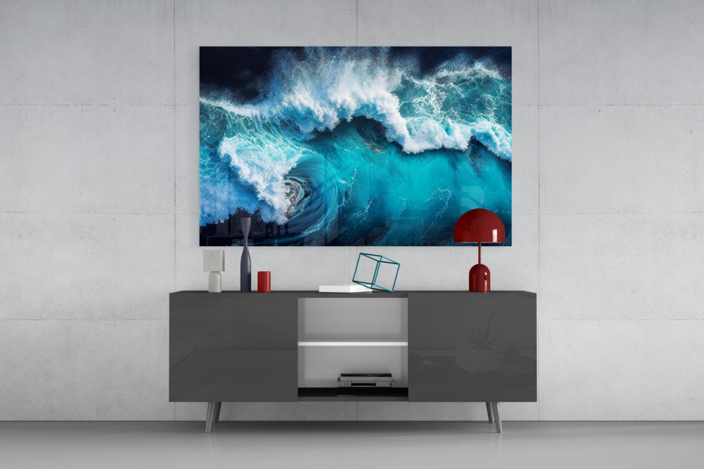 Documentary sea-wave cinematic glass wall art in resort suite living room