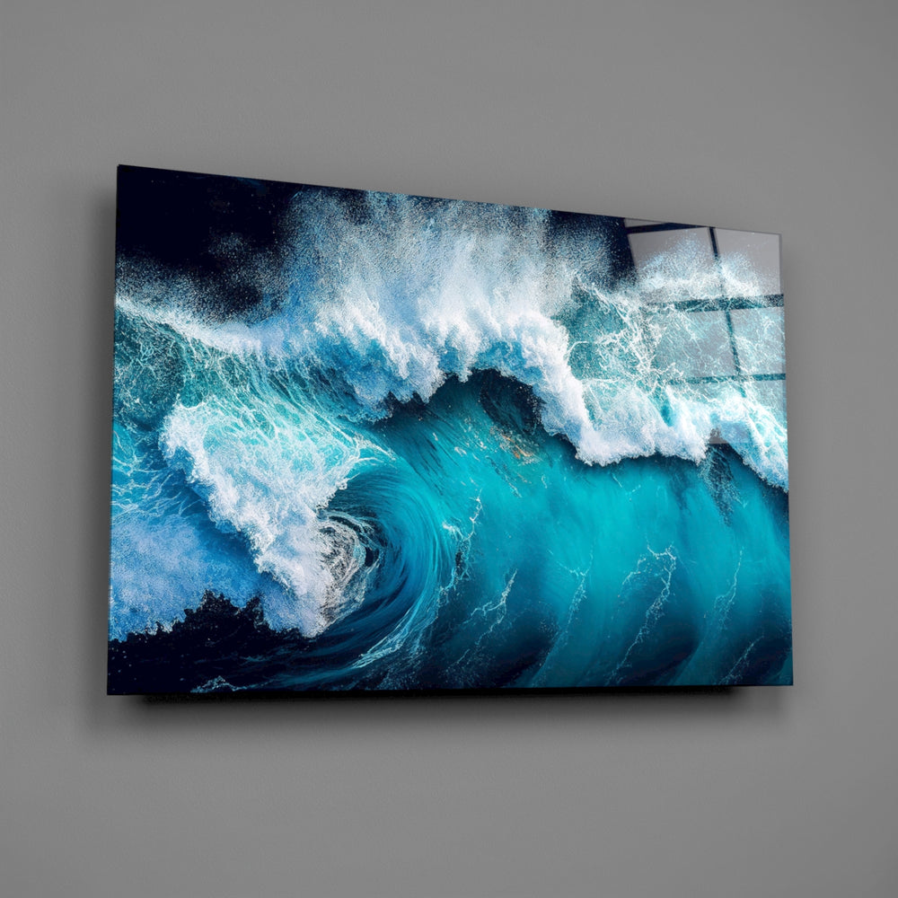 Drone marine-photography glass wall art over walnut console in maritime study