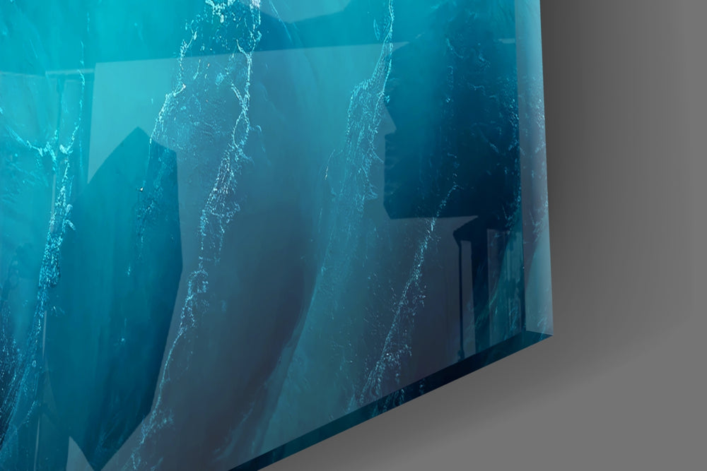 Foam-and-cobalt aerial cinematic glass wall art over modern dining sideboard