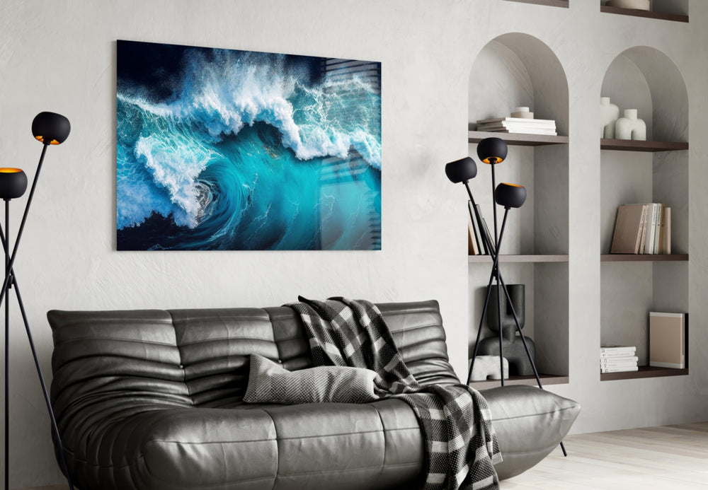 Aerial wave foam cinematic glass wall art in hospitality lounge