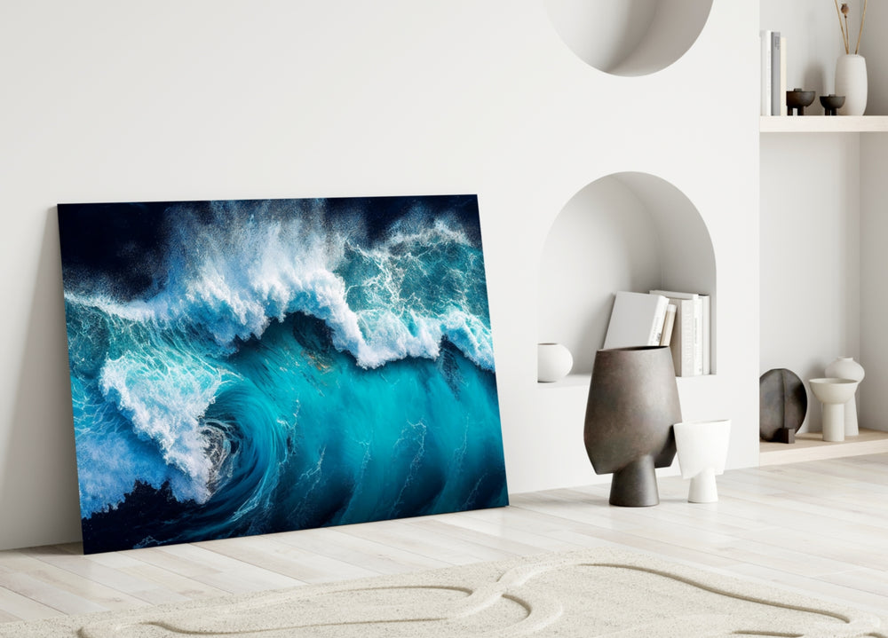 Turquoise sea cinematic glass wall art in designer office