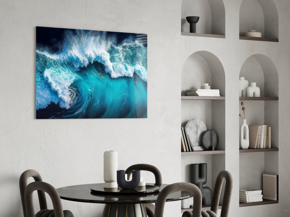 Cobalt sea cinematic glass wall art over master-bedroom headboard