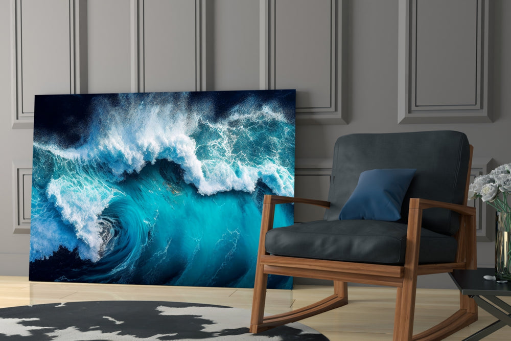 Marine drone cinematic glass wall art in study-themed hallway