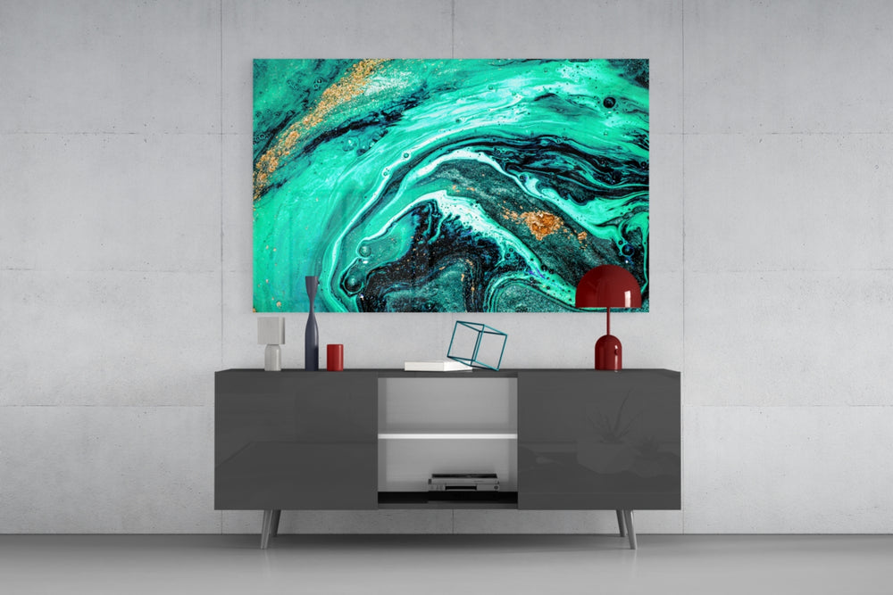 Tide-pool marble cinematic glass wall art in designer office
