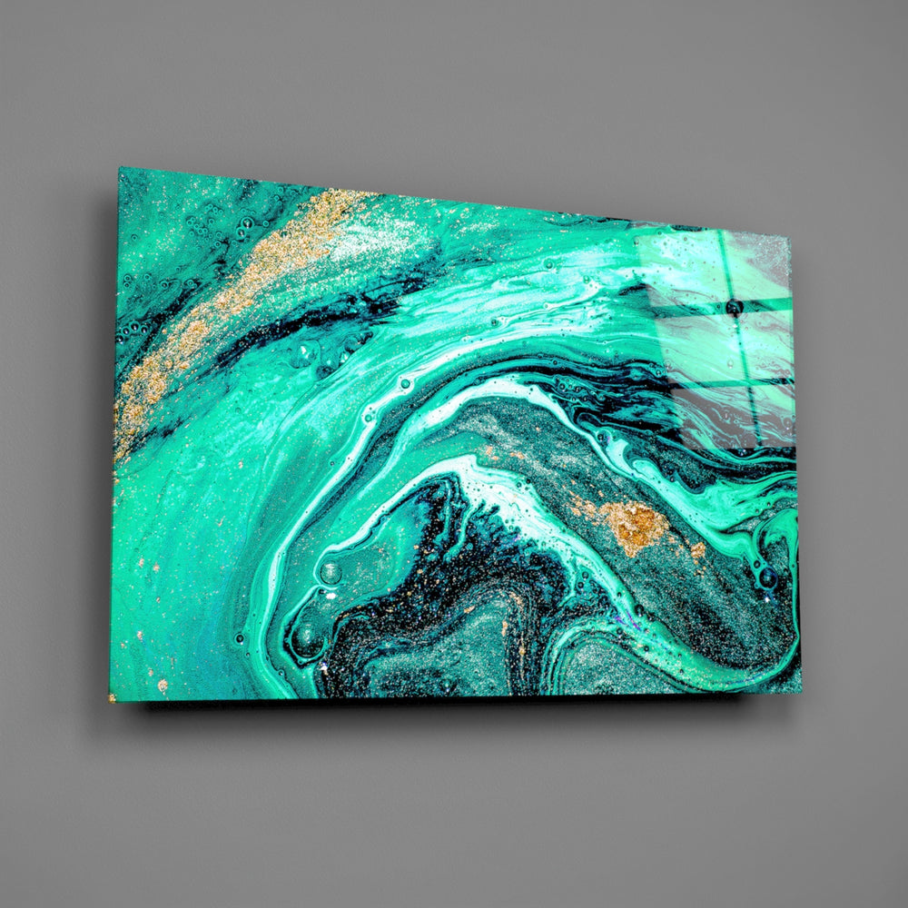 Teal-and-onyx alcohol-ink glass wall art over walnut sideboard in glamorous lounge