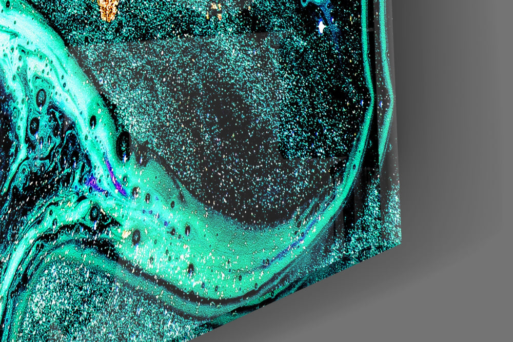 Gold-flecked turquoise abstract cinematic glass wall art over modern dining table