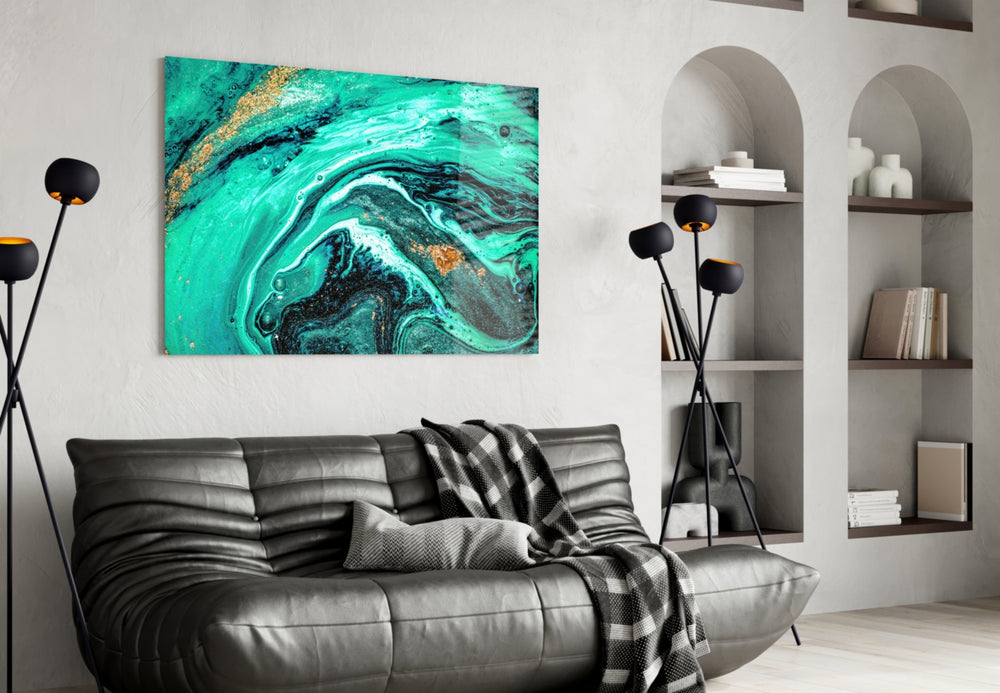 Turquoise marble cinematic glass wall art in luxury dining room