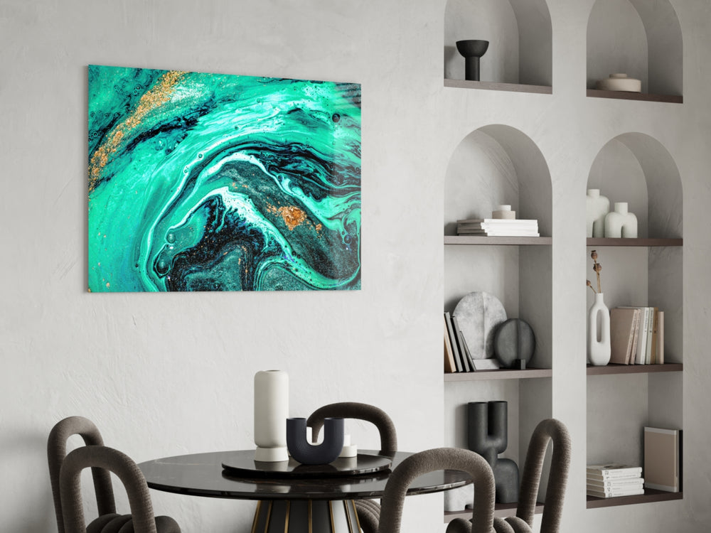 Mint-and-gold fluid-art cinematic glass wall art over master-bedroom headboard