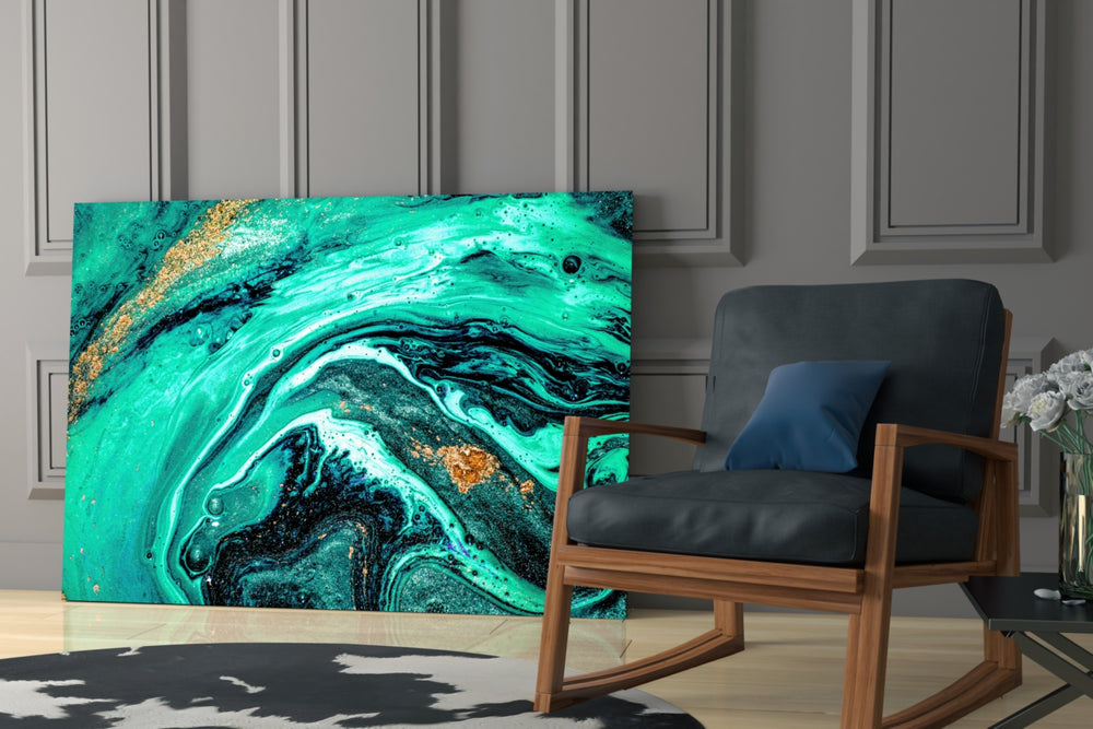 Teal-luxury cinematic glass wall art in hotel lounge