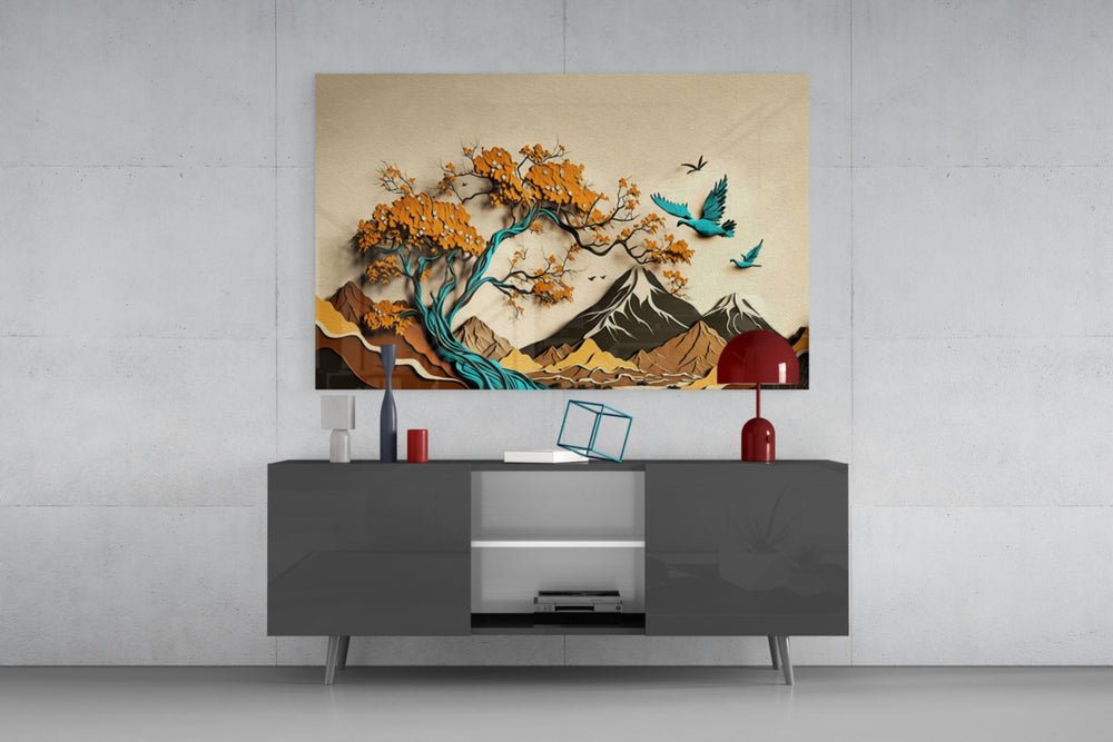 Cardstock landscape cinematic glass wall art in Scandi-modern living room