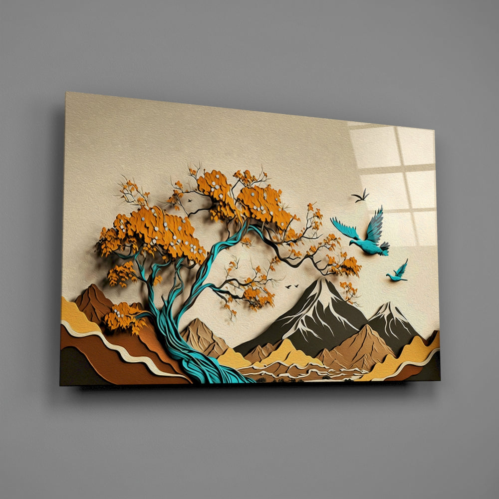 Quilling-craft tree-and-bird glass wall art in boutique-hotel suite
