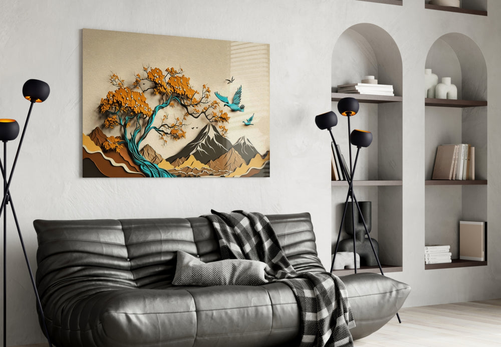 Paper-cut diorama cinematic glass wall art over walnut dining sideboard