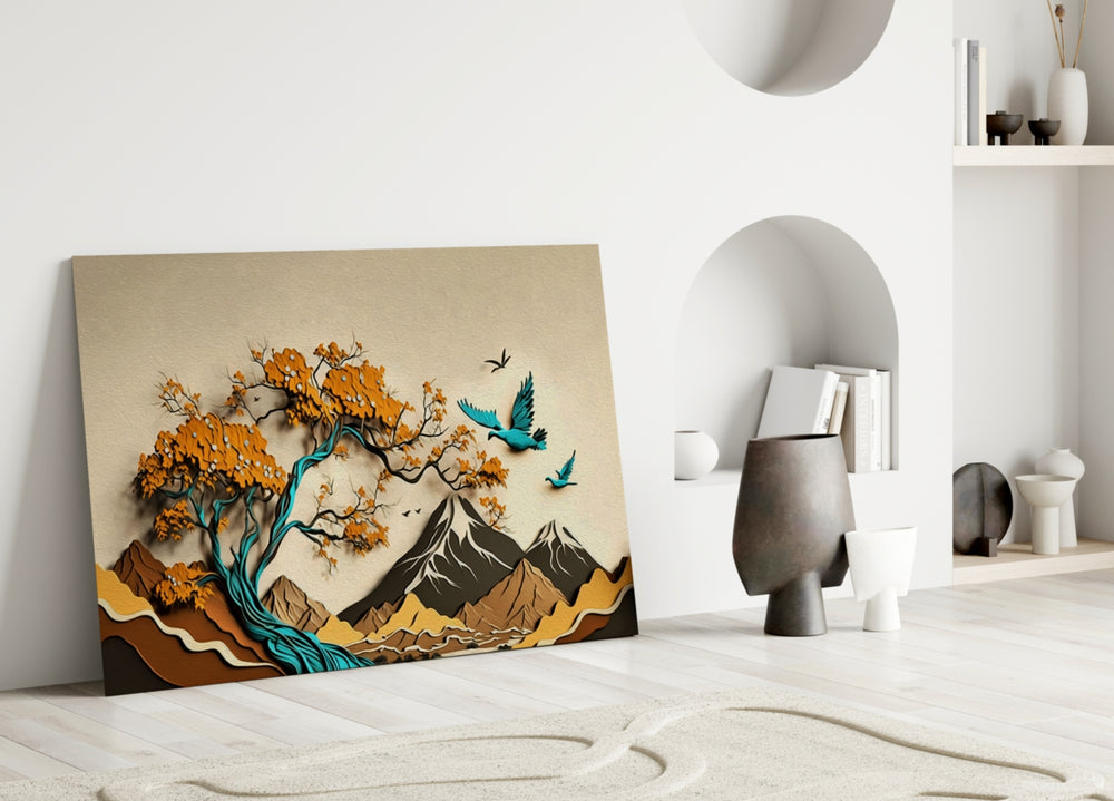 Craft-art landscape cinematic glass wall art in creative office reading nook
