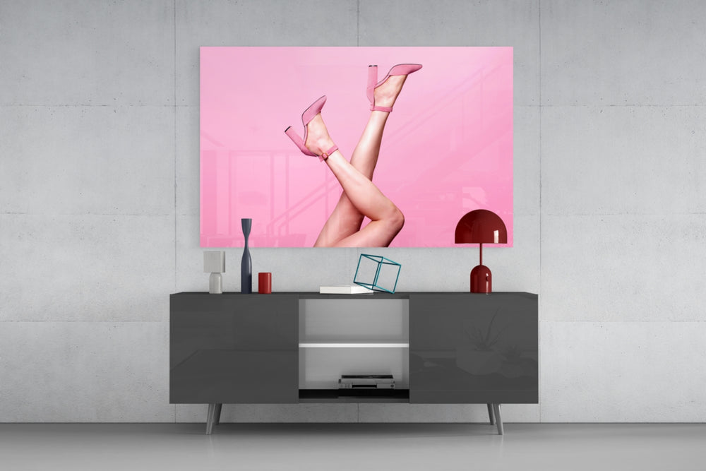 Couture-pink cinematic glass wall art in young-woman's dressing room