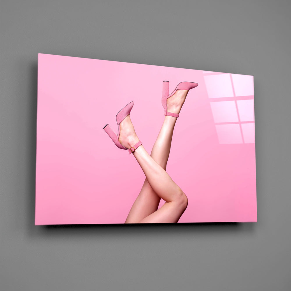 Fashion-magazine pink-on-pink cinematic glass wall art in walk-in closet