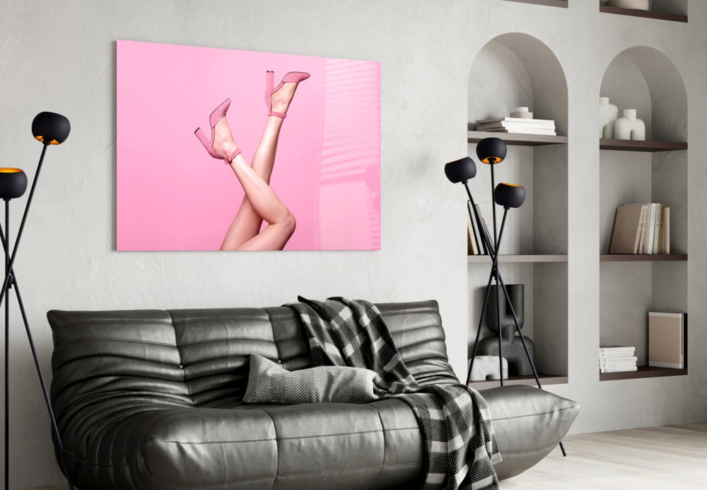 Pink-suede sandals cinematic glass wall art in designer powder-room