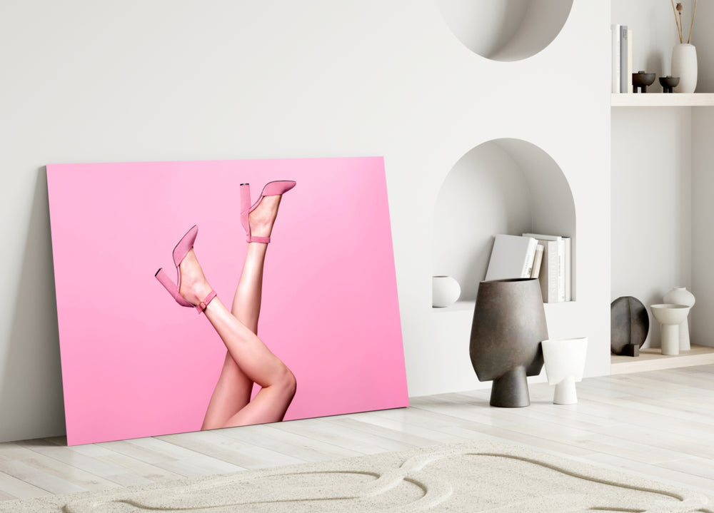 Bubblegum-pink editorial cinematic glass wall art in fashion-atelier entry
