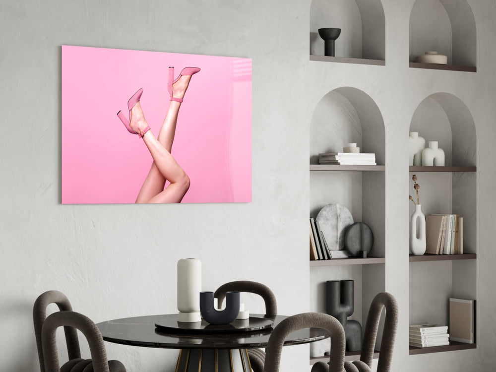 Vogue-style cinematic glass wall art beside dressing table in boutique-hotel suite