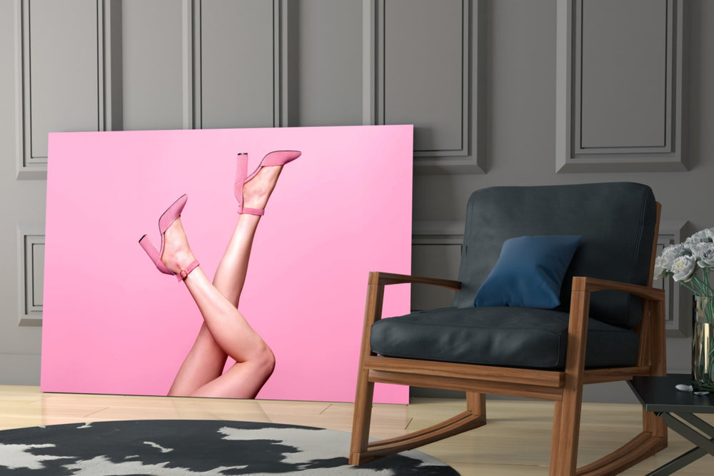 Feminine-luxe editorial cinematic glass wall art in fashion-house reception
