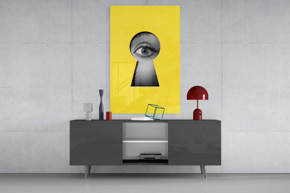 Surveillance-photo cinematic glass wall art in modern home office