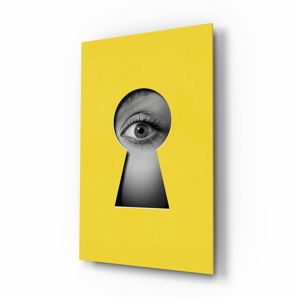 Keyhole eye yellow pop cinematic glass wall art over walnut console in designer office