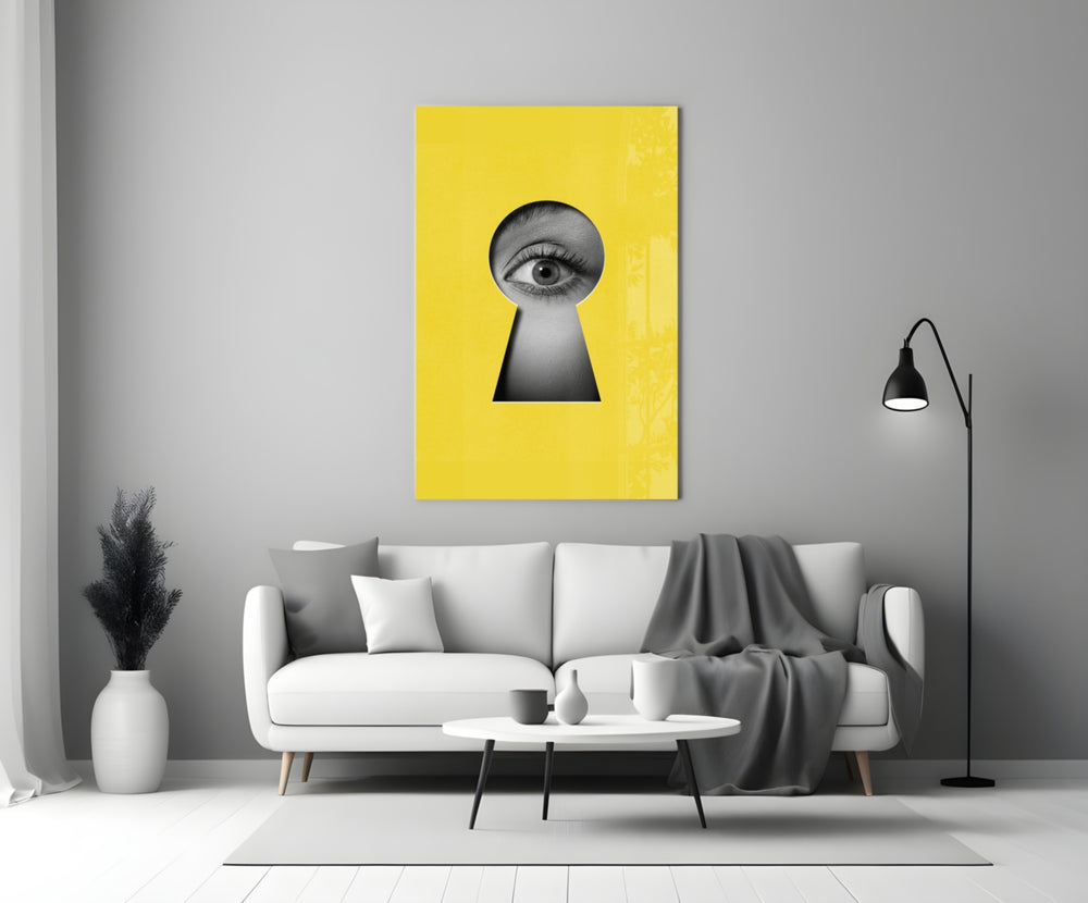 Canary keyhole-eye cinematic glass wall art in teen lounge