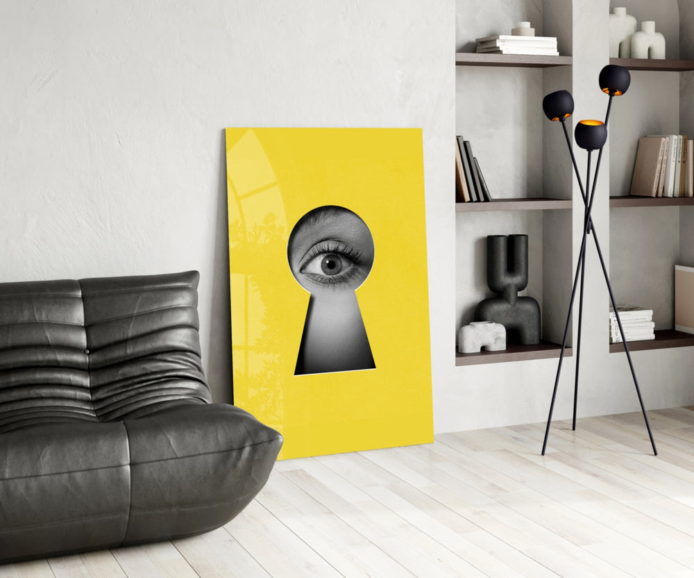 Yellow-and-B&W pop cinematic glass wall art over modern dining sideboard