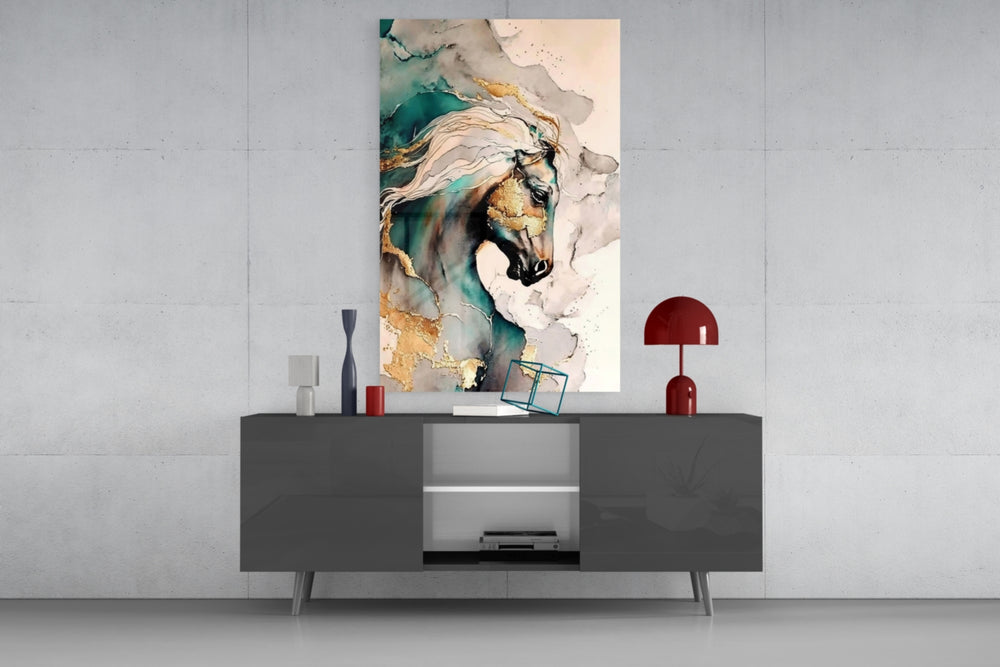Fluid-art horse cinematic glass wall art in fashion-atelier reception