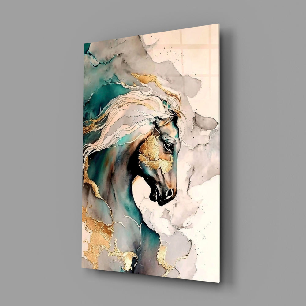 Fluid-art equine portrait cinematic glass wall art in glamorous bedroom
