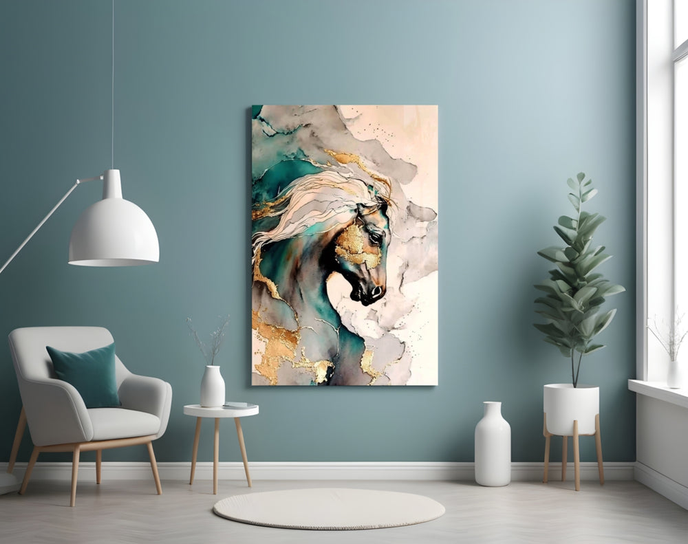 Painterly Arabian horse cinematic glass wall art in heritage hallway